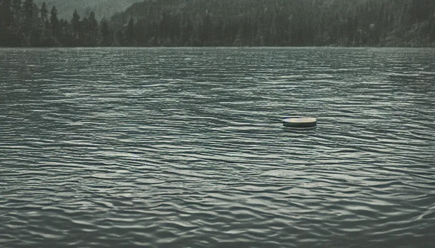 Image similar to photograph of a centered rope floating on the surface of the water, the rope is snaking towards the center of the lake, a dark lake on a cloudy day, anamorphic lens, kodak color film stock