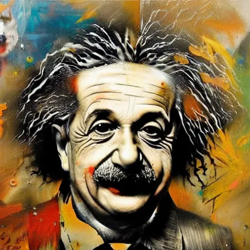 Image similar to portrait of albert einstein by karol bak, banksy, simon bisley, guy denning, mimmo rotella, ravi zupa