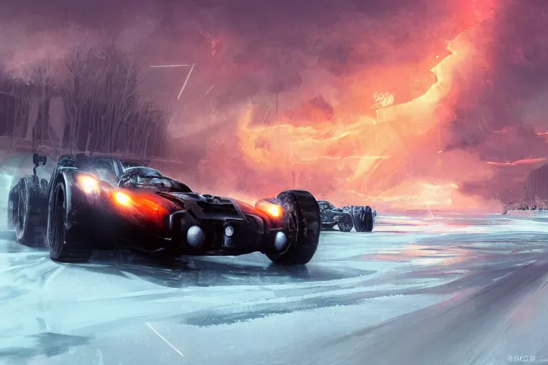 Image similar to dieselpunk mad max mclaren f 1 speeding across a frozen lake in a blizzard by makoto shinkai, ilya kuvshinov, lois van baarle, rossdraws, basquiat