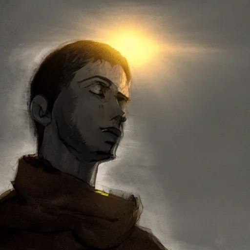 Prompt: Close up of a young, thin and stern catholic priest in his thirties fervently praying as he is about to die from the ominous yellow shadow descending upon him from the night sky. Low angle, dramatic lighting. Award-winning digital art, trending on ArtStation