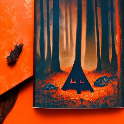 Image similar to book near a campfire, spooky forest background burnt orange and navy hues, highly detailed, dslr