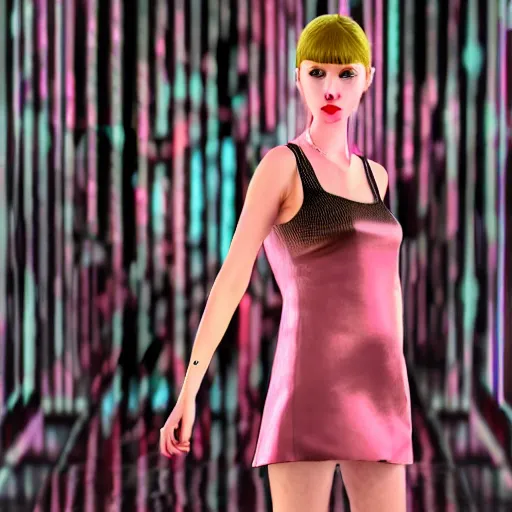 Prompt: blade runner city vicious girl in a short pink dress, 3d realistic photo 8k