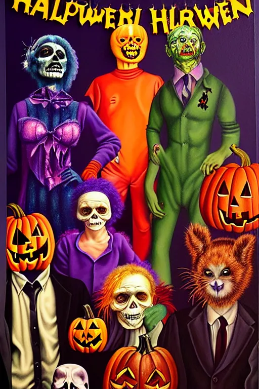 Prompt: a hyperrealistic painting of a vintage halloween costume party, cinematic horror by chris cunningham, lisa frank, richard corben, highly detailed, vivid color,