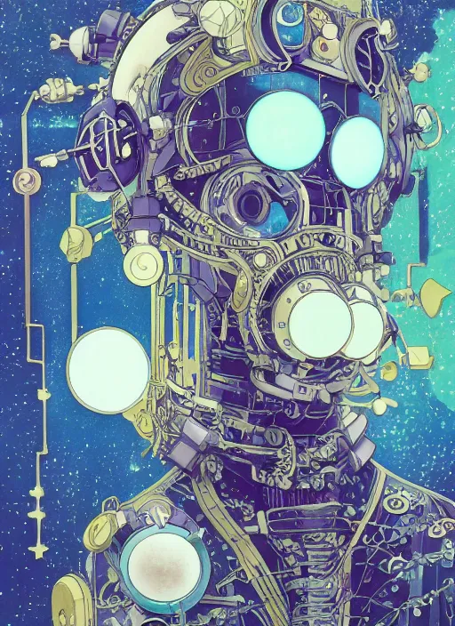 Image similar to an art nouveau kawaii gouache painting, by yoshitaka amano, by Victo Ngai, by shaun tan, by good smile company, detailed anime 3D render of an attractive male modular mechanical android, portrait, cgsociety, artstation, modular art nouveau mechanical costume and headpiece, futuristic setting bokeh depth of field