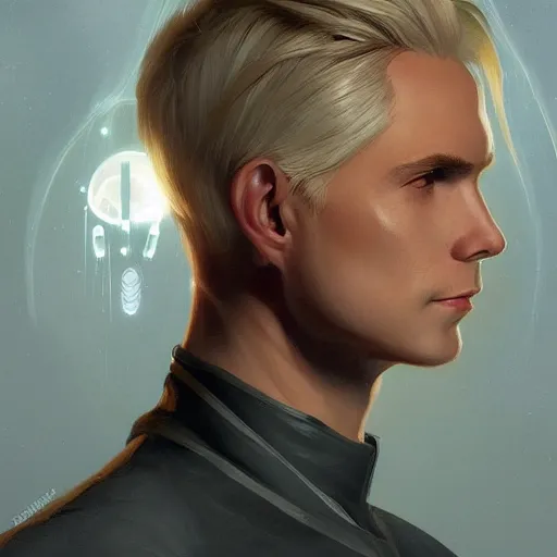 Prompt: science-fiction character portrait of Victor Nikiforov, short blond hair, tall, elegant, highly detailed, digital painting, artstation, upper body, concept art, smooth, sharp focus, illustration, art by artgerm and greg rutkowski and alphonse mucha