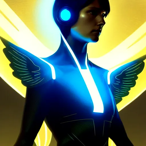 Image similar to tron legacy angel, diffuse lighting, hyper realistic, elegant, concept art, intricate, hyper detailed, smooth, sharp focus, illustration, trending on artstation, art by greg rutkowski and james gurney and alphonse mucha