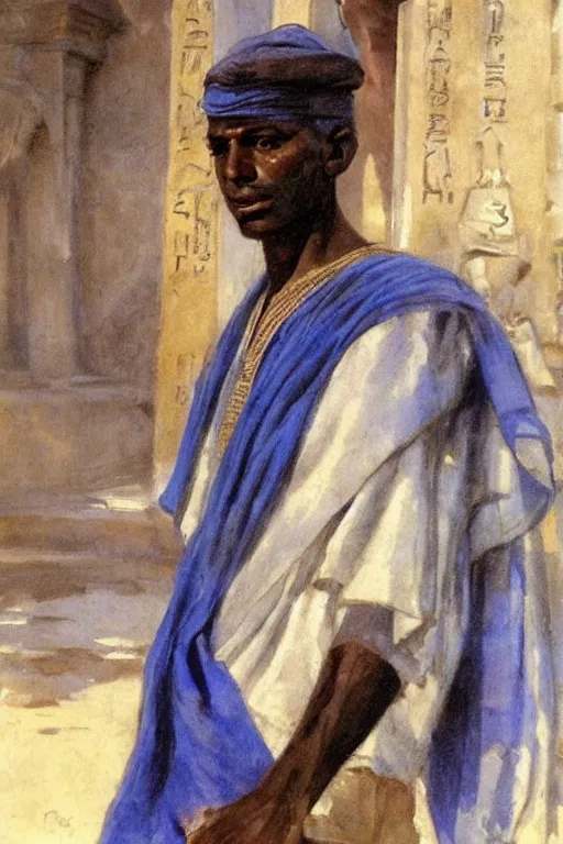 Prompt: a closer hero portrait of a live nubian temple guard with very piercing blue eyes, incredibly charismatic. in old egypt. masterpiece, dramatic light and shadow, saturated colors, ciaroscuro. painted by anders zorn