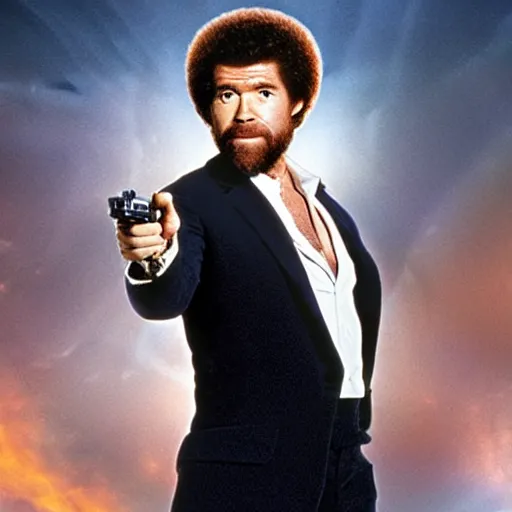 Image similar to Bob Ross as 007, promotional image, action movie, holding dual high-caliber pistols