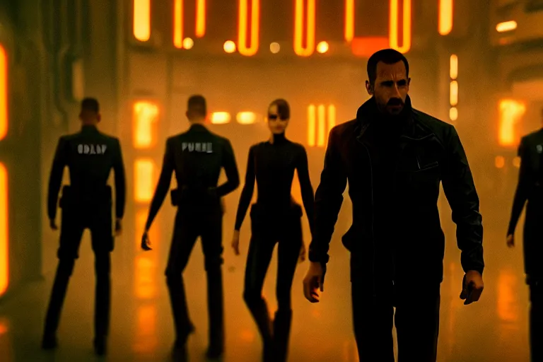 Prompt: film still of closeup diverse futuristic police friends in blade runner 2 0 4 9, cinematic, moody, gritty neon noir by emmanuel lubezki