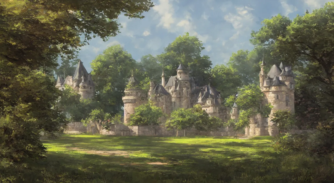 Prompt: a landscape painting of a French castle, with a garden, in the style of anime, trending on artstation