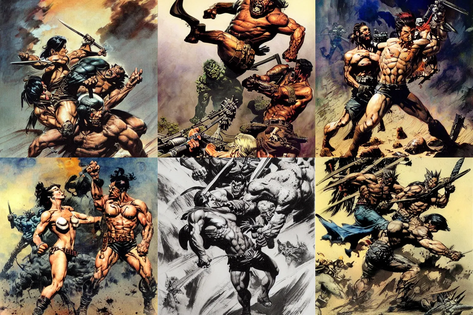 Prompt: savages fighting by frank frazetta and simon bisley