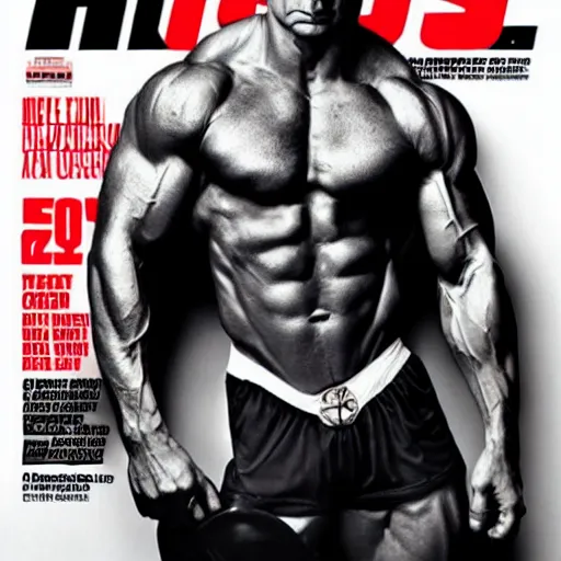 Image similar to vladimir putin on the cover of muscle and fitness, hyper realism, 8 k,