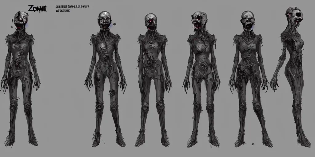 Image similar to sci - fi zombie character concept design ， character design sheet, trending on artstation