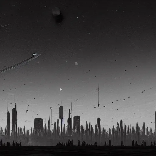 Prompt: A planetary city by Simon Stålenhag and Ansel Adams, black and white photo 4k