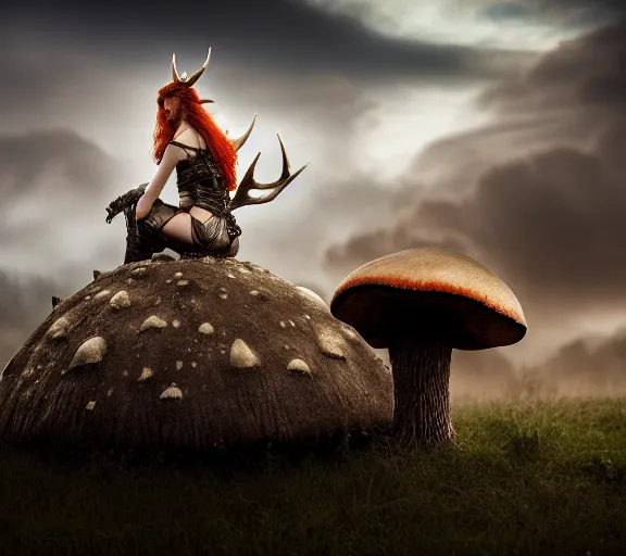 Prompt: a portrait photo of an armored female warrior redhead with antlers sitting on the edge of a giant mushroom that covers a whole town and reaches above the clouds by luis royo. intricate. lifelike. soft light. sony a 7 r iv 5 5 mm. cinematic post - processing