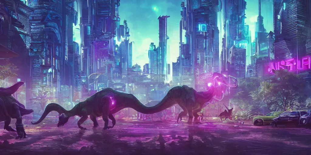 Image similar to a beautiful painting of a lush cyberpunk city with dinosaurs grazing in parks by ridley scott, vivid colours, cinematic lighting, fine details, 8 k | | digital artwork made by greg rutswork, anna dittmann and lois van barlee, symmetrical neon rim light, anatomically correct