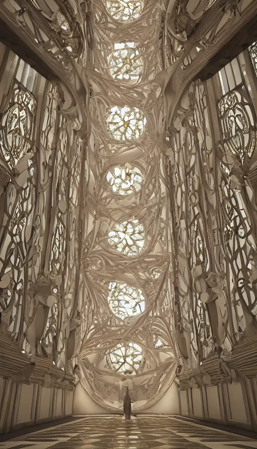 Image similar to Looking up into interior of art nouveau architecture tower inspired by interior of Cappella della Sacra Sindone, tiny angel floating in center, Otto Wagner, volumetric light, highly detailed, hyperrealism, a sense of awe, octane render, unreal engine, cinematic, epic, deep depth of field, dutch angle, one-point perspective, 8k