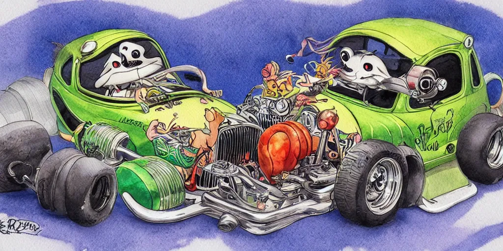 Image similar to racoon riding in a tiny hot rod coupe with oversized engine, ratfink style by ed roth, centered award winning watercolor pen illustration, by chihiro iwasaki, edited by range murata