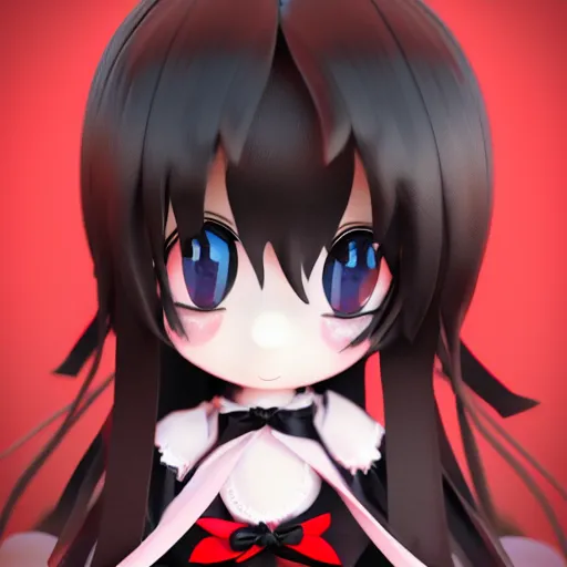 Image similar to cute fumo plush of a gothic maiden in a dark black uniform with a red cape, laces and ribbons, soft shadow, anime girl, vray, symmetry