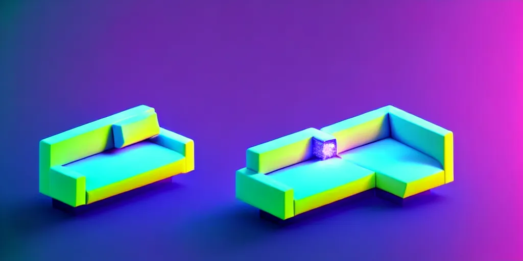 Prompt: isometric object is a low poly isometric sofa with an alien aesthetic inspired by pandora in the avatar movie, it has bioluminescent plants growing around it, cartoonish style but with beautiful orange - yellow with blue hints and it's bedecked with some sparkling crystals. a dark place, night isometric ambient black background neon. behance, pinterest artstation
