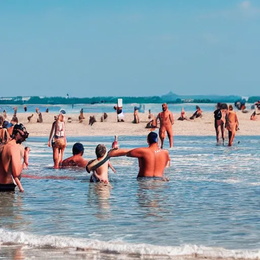 Prompt: people bathing on the beach.