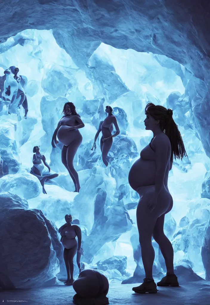 Prompt: epic leader pregnant woman talking to all her tribe with futuristic fluorescence mutant veins, proud people looking at the pregnant woman, ice cave, facinating, fantasy digital art, octane render, beautiful composition, trending on artstation, coherent, masterpiece