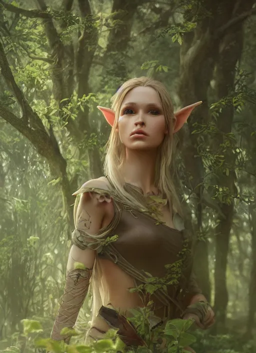 Prompt: Beautiful art portrait of a Fantasy female elf on a lush forest meadow, atmospheric lighting, intricate detail, cgsociety, hyperrealistic, octane render, RPG portrait, ambient light, dynamic lighting