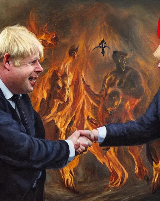 Image similar to an oil painting of uk politician former prime minister boris johnson having a meeting with the devil satan in the fiery pits of hell, demonic imagery, pagan, satanic symbolism, smiling and shaking hands, 4 k detail