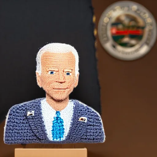 Image similar to joe biden as a crochet doll, intricately detailed, award winning, studio lighting, photograph