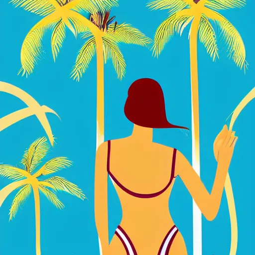 Image similar to a beautiful illustration of a woman in a swimsuit on the beach with palm trees by hed kandi, adobe illustrator