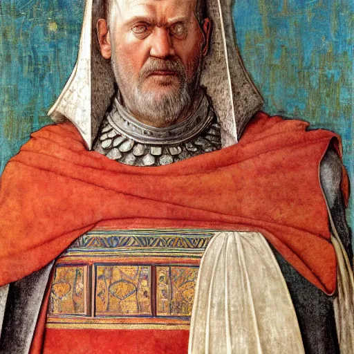 Image similar to portrait of Greg Davies as a medieval Byzantine emperor, by Angus McBride, Gentile Bellini, Piero della Francesca, and Arthur Rackham. HD face portrait.
