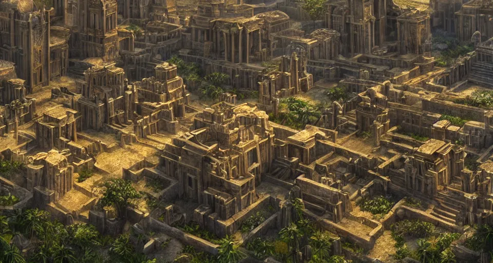 Prompt: ancient city of atlantis with big buildings in gold, overgrown, fantasy, magical, cinematic, establishing shot, atmospheric lighting, extremely detailed, intricate, sharp focus, coherent