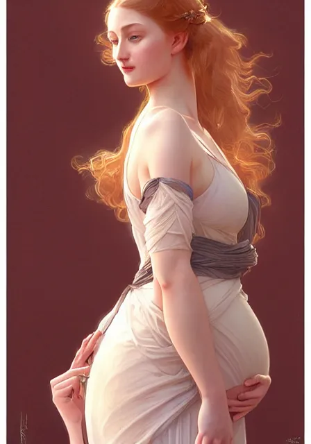 Image similar to pregnant sansa, intricate, elegant, highly detailed, digital painting, artstation, concept art, smooth, sharp focus, illustration, art by artgerm and greg rutkowski and alphonse mucha and william - adolphe bouguereau