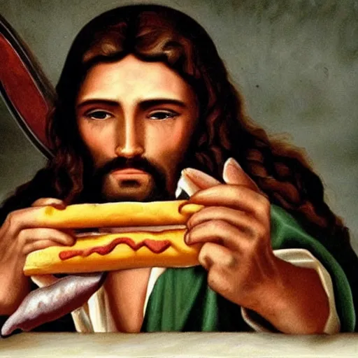 Image similar to Jesus eating a hotdog while reloading his revolver painting