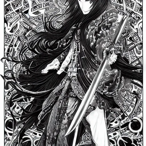 Prompt: highly detailed perspective drawing black and white goetic pen and ink manga panel by hiroya oku!! mucha illustrated sorcerer beautiful attractive long hair ringo starr fxv flowing ritual royal!!! vagabond! manga panel swords dramatic esoteric!!!!!! long hair flowing dancing illustrated in high detail by frank miller, shonen jump