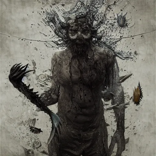 Image similar to wet collodion photography of innsmouth dweller mutant early xx century fisherman sailor old man with gills and scales creatures from the deep ocean by emil melmoth zdzislaw beksinki craig mullins yoji shinkawa realistic render ominous detailed photo atmospheric by jeremy mann francis bacon and agnes cecile ink drips paint smears digital glitches glitchart