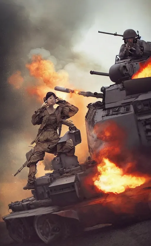 Prompt: war photo of a screaming female and asian tank commander getting outside of her vehicle, highly detailed, smoke and flames in the background, high resolution, cosplay photo, stunning, girls frontline style, bokeh soft, shot on 70mm, zenithal lightning, trending on instagram, by award winning photographer, realistic human anatomy, real human faces, realistic military carrier, soldier clothing, modern warfare, shot with a professional camera, low saturation, soldier clothing