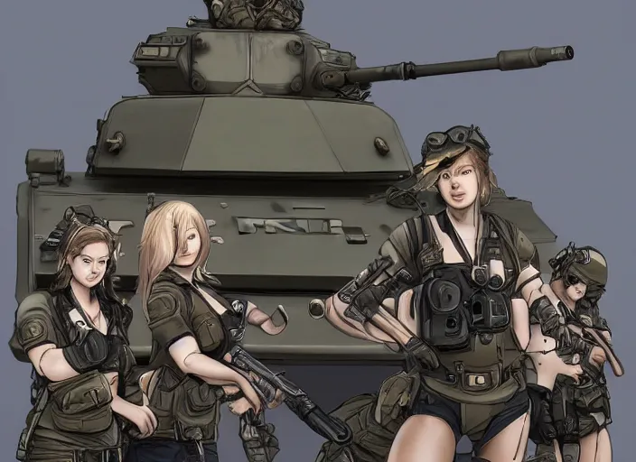 Image similar to Female tank crew posing triumphantly next to their tank, tankobon, trending on artstation, highly detailed