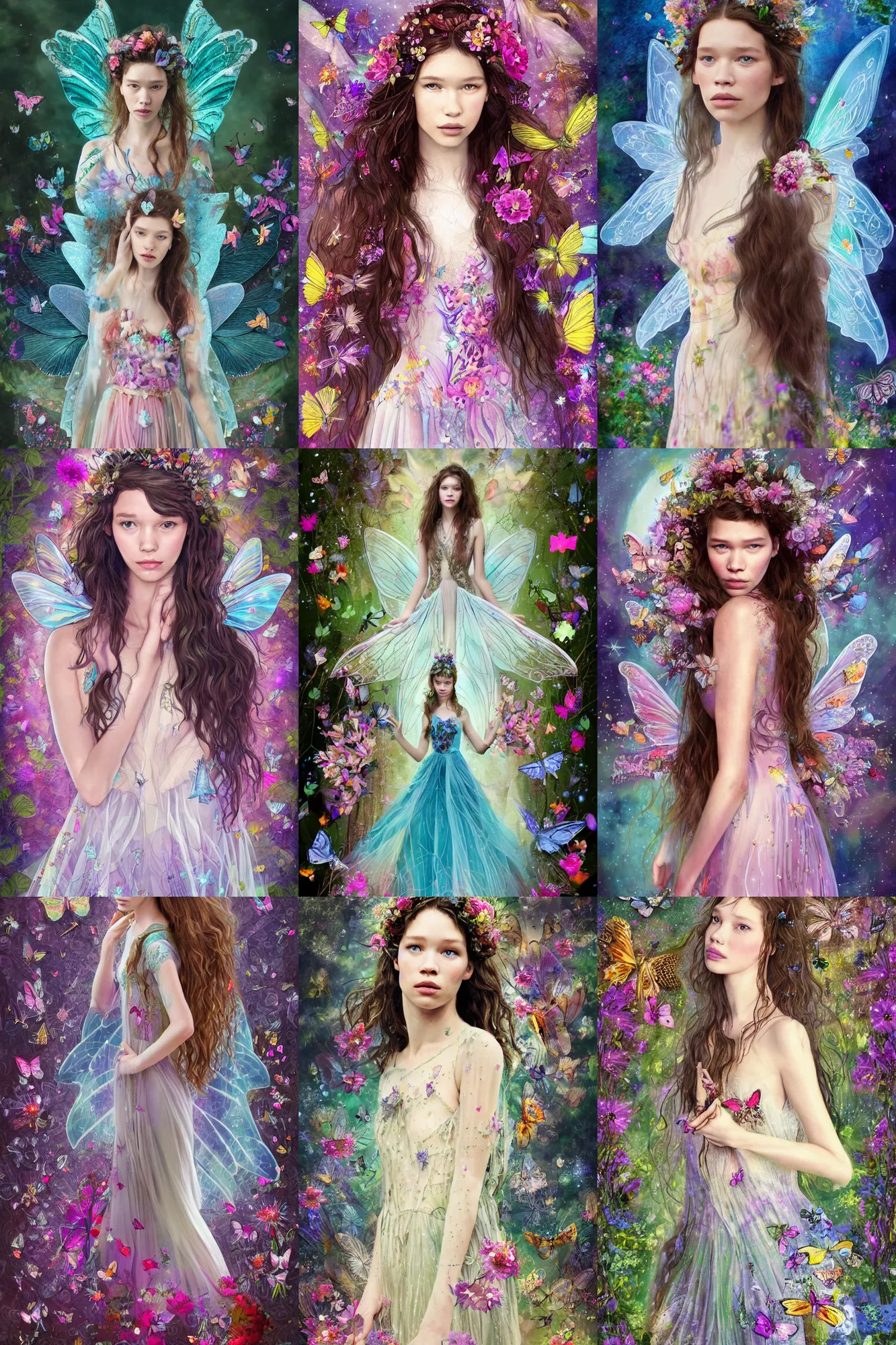 Prompt: astrid berges frisbey as a fairy princess. she is facing the camera. full body portrait. digital illustration. wearing a dress made out of flowers and butterflies. space surrounds her. trending on art station, low detail, fluid, dreamy, vivid colours.