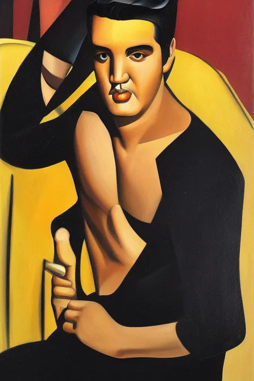 Image similar to portrait of elvis presley, by tamara de lempicka