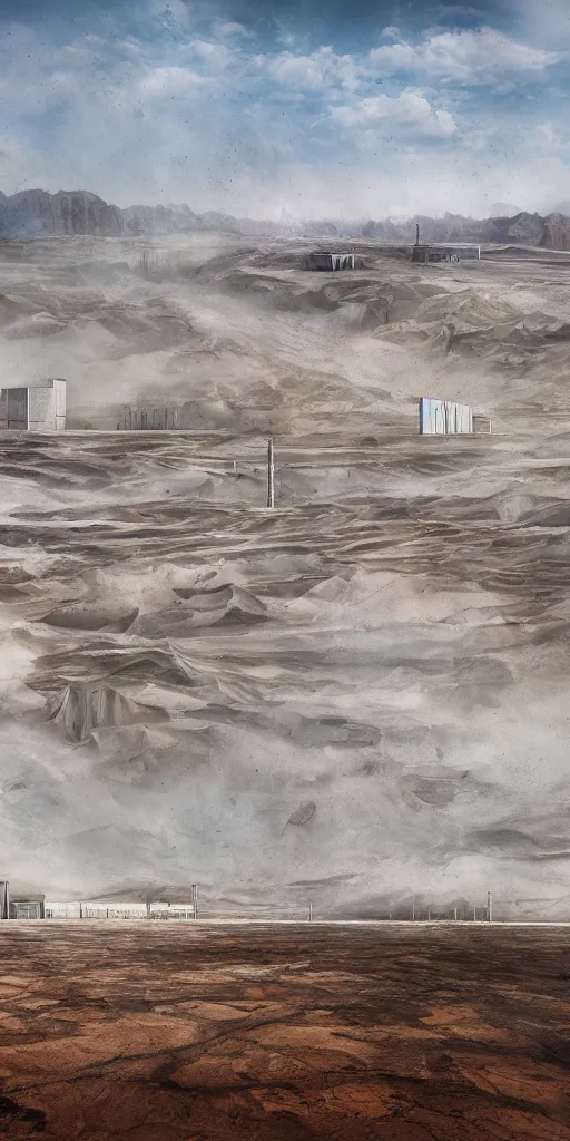Image similar to surreal theory of a white stepped high tech architecture in the mining tailings in the desert, biroremediation plant, foggy, patchy cactus, oil painting, pale colors, high detail, 8 k, wide angle, trending on artstation, behance