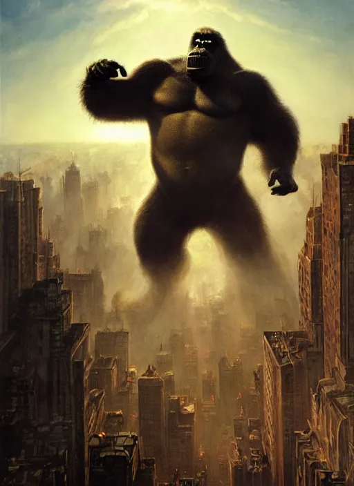 Prompt: kingkong destroying the city of atlantic, a ray of sunlight, greg rutkowski, moebius, mohrbacher, frazetta, roy krenkel, boris vallejo, and manuel sanjulian, ultra - wide angle, ultra - detailed, light effect, mystical, cinematic