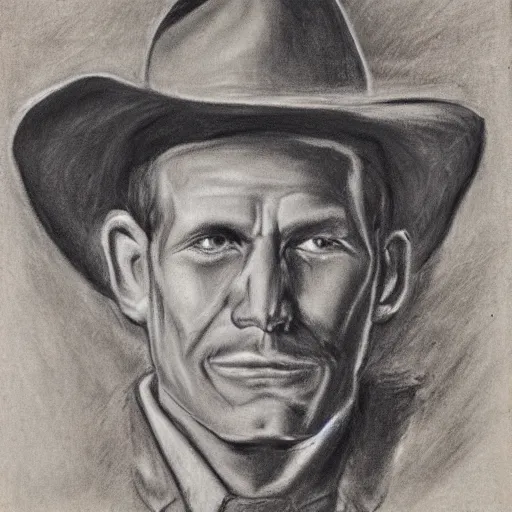 Image similar to charcoal portrait of an early 20th century jung monster hunter, cowboy hat, coat