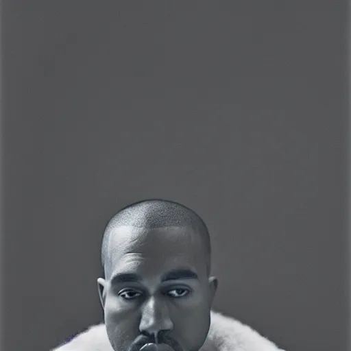 Image similar to a chiaroscuro lighting portrait of kanye west dressed as rick owens, black background, portrait by julia margaret cameron, shallow depth of field, 8 0 mm, f 1. 8