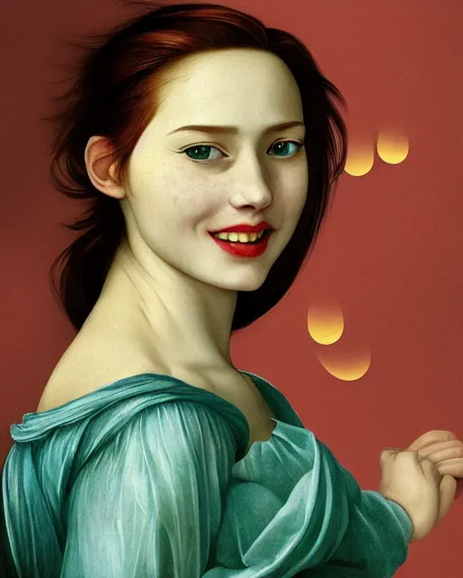 Image similar to a happy, modern looking young woman looking over shoulder, wonderful dress, among the lights of golden fireflies and nature, long loose red hair, intricate details, green eyes, small nose with freckles, triangle shape face, smiling, golden ratio, high contrast, hyper realistic digital art by artemisia lomi gentileschi and caravaggio and artgerm.