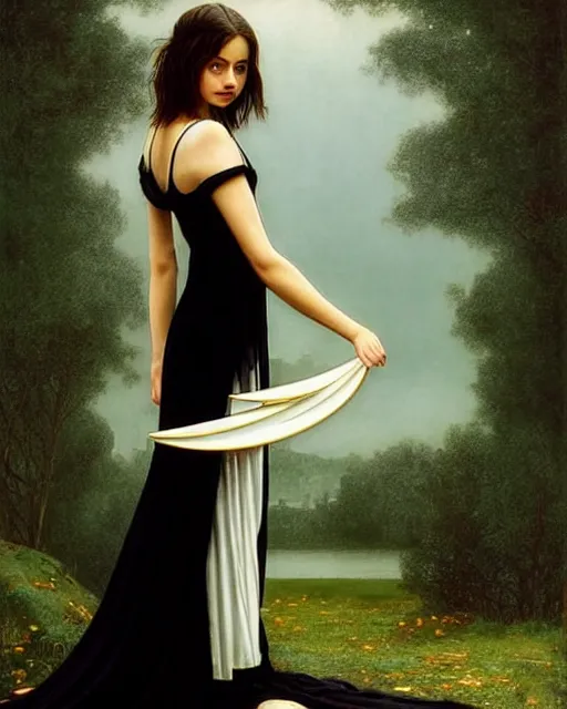 Prompt: style of edmund leighton : : gorgeous willa holland : : evil witch, swirling black magic, black dress : : symmetrical face, symmetrical eyes : : full body pose : : gorgeous black hair : : magic lighting, low spacial lighting : :