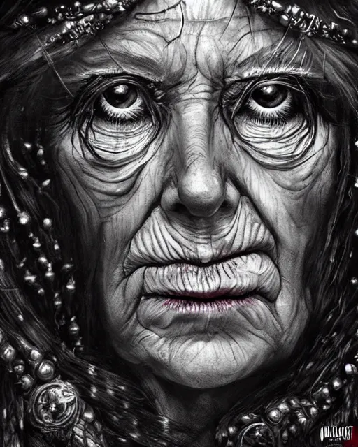 Prompt: Queen Elisabeth II as a hag witch, highly detailed face, realistic face, beautiful detailed eyes, fantasy art, illustration, epic, fantasy, intricate, hyper detailed, artstation, concept art, smooth, sharp focus, by jerad s marantz