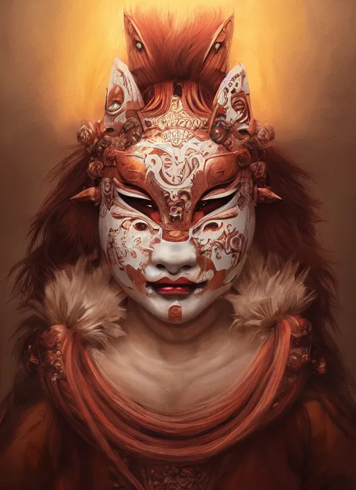 Image similar to a beautiful detailed oil on copper art illustration of a japanese oni kitsune mask shogun woman, the mask is broken, centered, by charlie bowater, zeng fanzh, trending on artstation, dim dusk lighting, cinematic lighting, detailed lighting, volumetric lighting, realistic, f 8, 4 k hd wallpaper