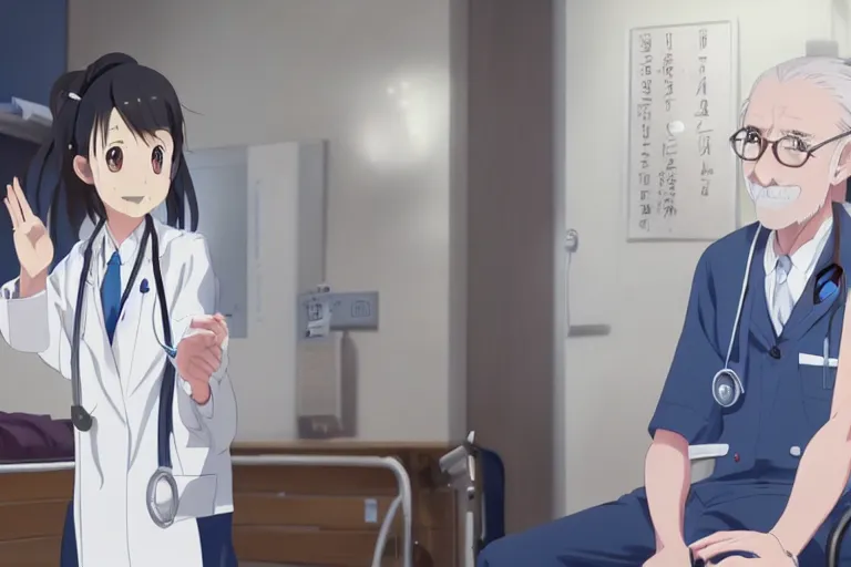 Prompt: a cute young female doctor wearing white coat, an old man of 80 years in a wheelchair, hospital ward, slice of life anime, cinematic, realistic, anime scenery by Naoshi Arakawa:8 and Makoto shinkai