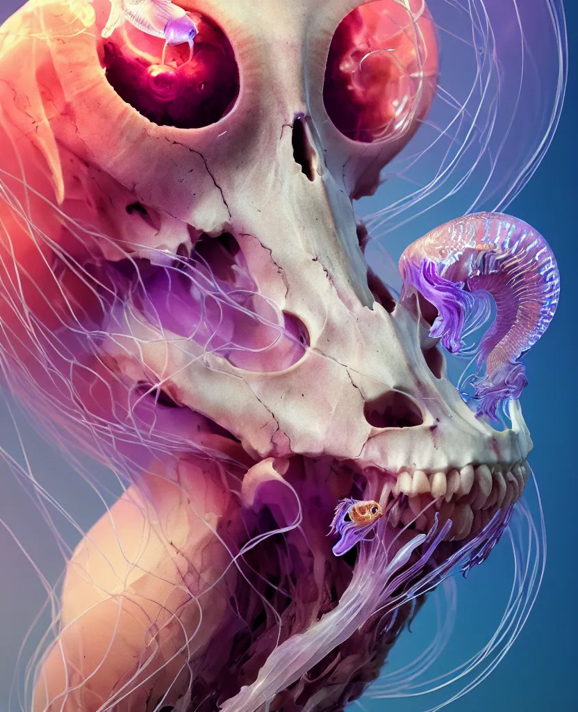 Image similar to goddess close-up portrait goat skull. jellyfish phoenix head, nautilus, orchid, skull, betta fish, bioluminiscent creatures, intricate artwork by Tooth Wu and wlop and beeple. octane render, trending on artstation, greg rutkowski very coherent symmetrical artwork. cinematic, hyper realism, high detail, octane render, 8k